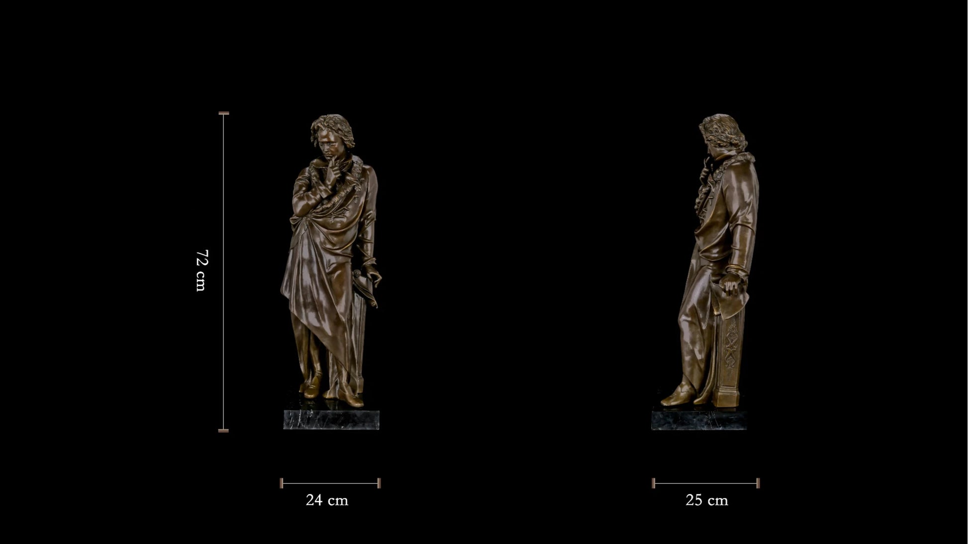 Full-length bronze statue of Ludwig van Beethoven, capturing his creative genius and strength. Handcrafted sculpture with marble base—ideal for collectors, musicians, and statement interiors.
