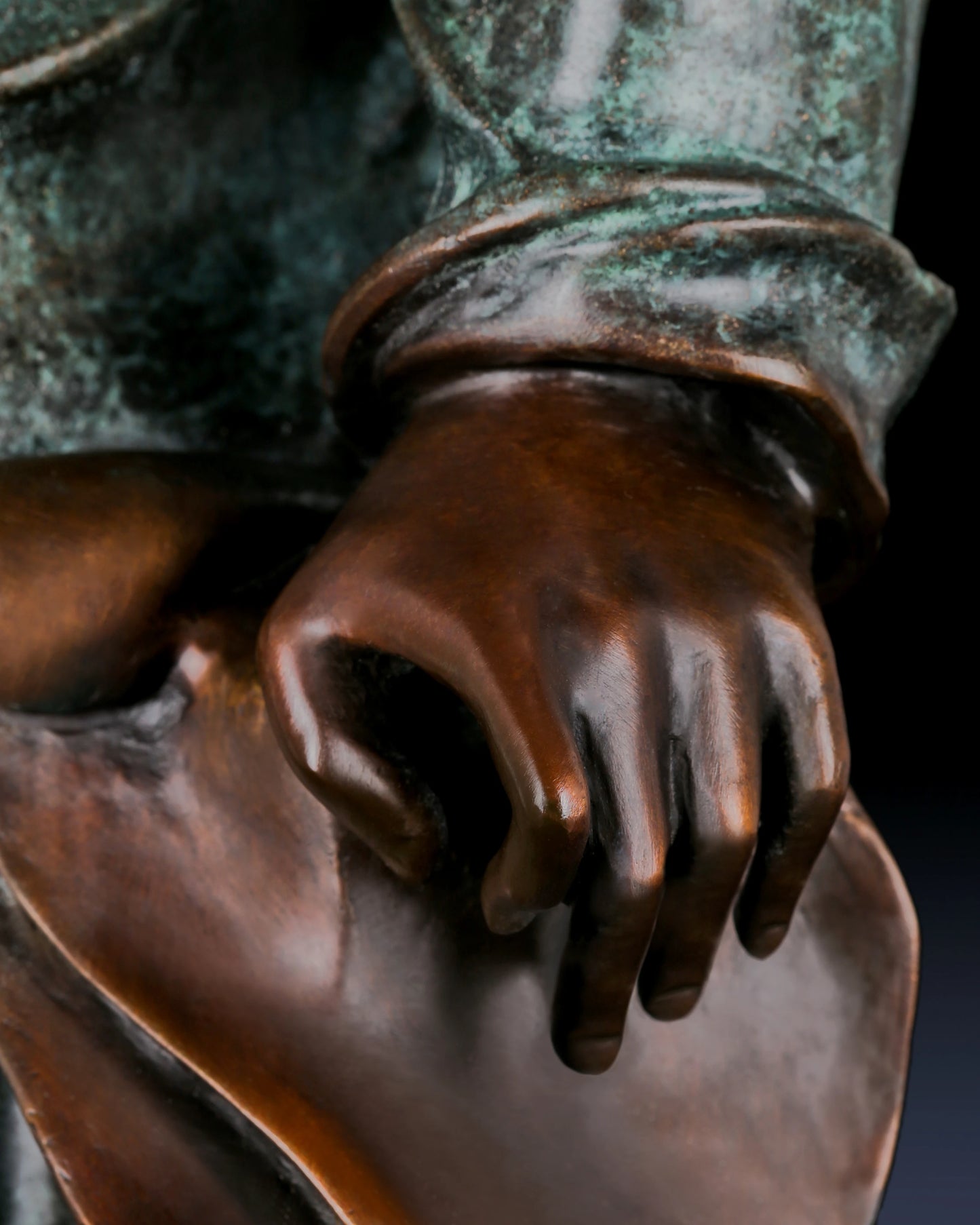 a dramatic full-length bronze statue of Ludwig van Beethoven, the legendary German composer, crafted using the lost-wax casting method with a striking verdigris patina.