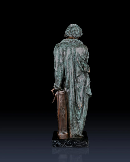 Full-length Beethoven bronze statue with verdigris patina. Handcrafted sculpture with marble base—perfect for collectors, musicians, and luxury statement interiors.
