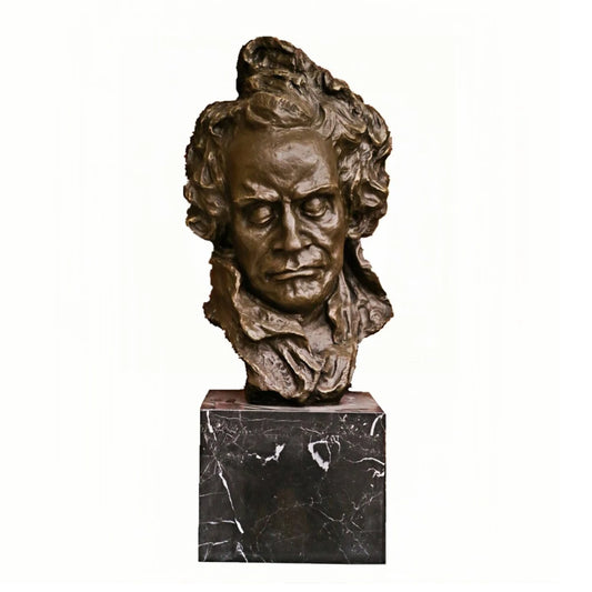 Dramatic bronze bust of Ludwig van Beethoven. Handcrafted sculpture with marble base—symbolizing strength, passion, and musical genius. Ideal for collectors and music lovers.