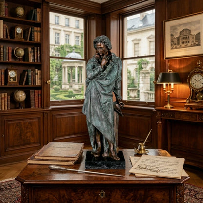 Full-length Beethoven bronze statue with verdigris patina. Handcrafted sculpture with marble base—perfect for collectors, musicians, and luxury statement interiors.