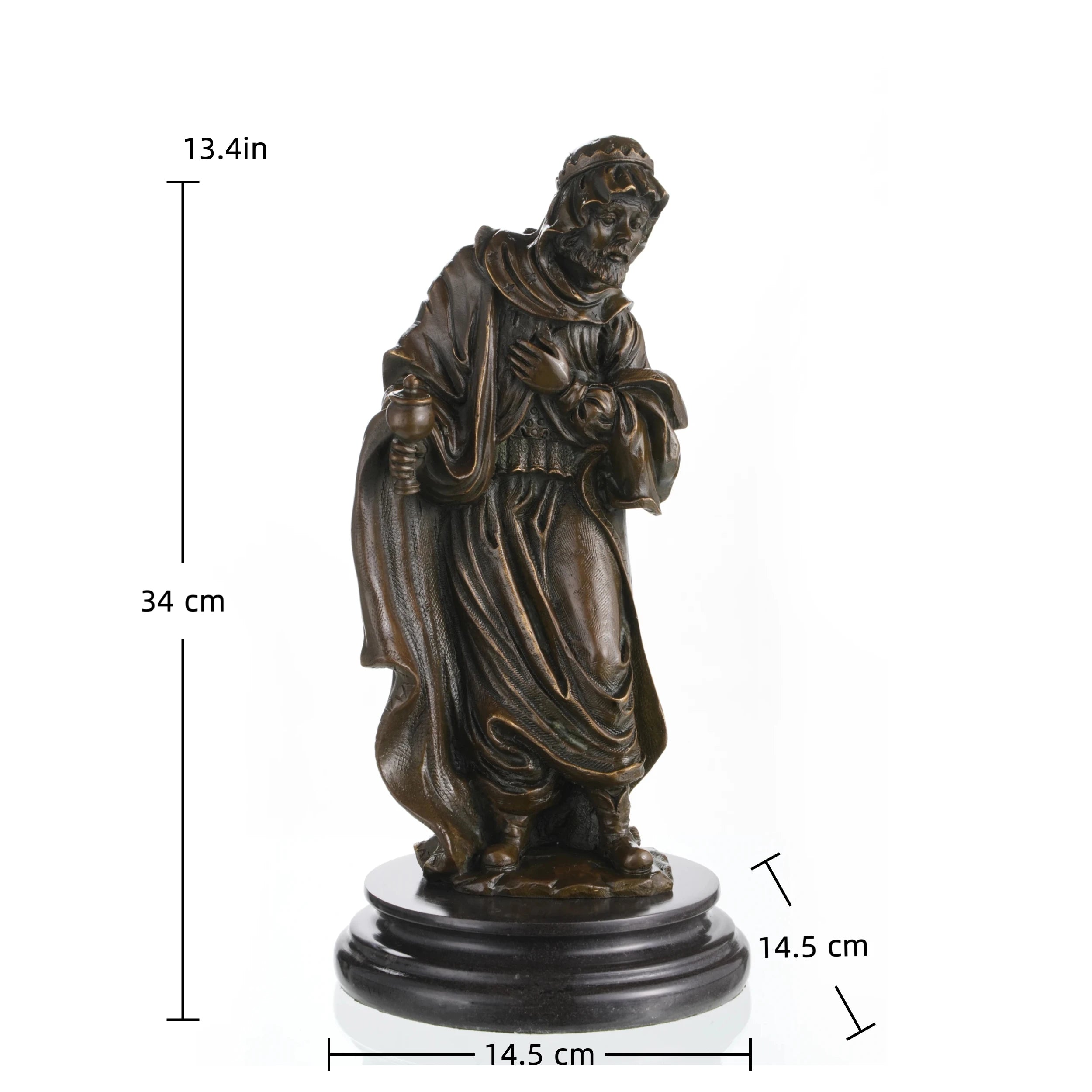 Solid bronze biblical magus statue with offering vessel, sacred religious wise man sculpture on round marble base.