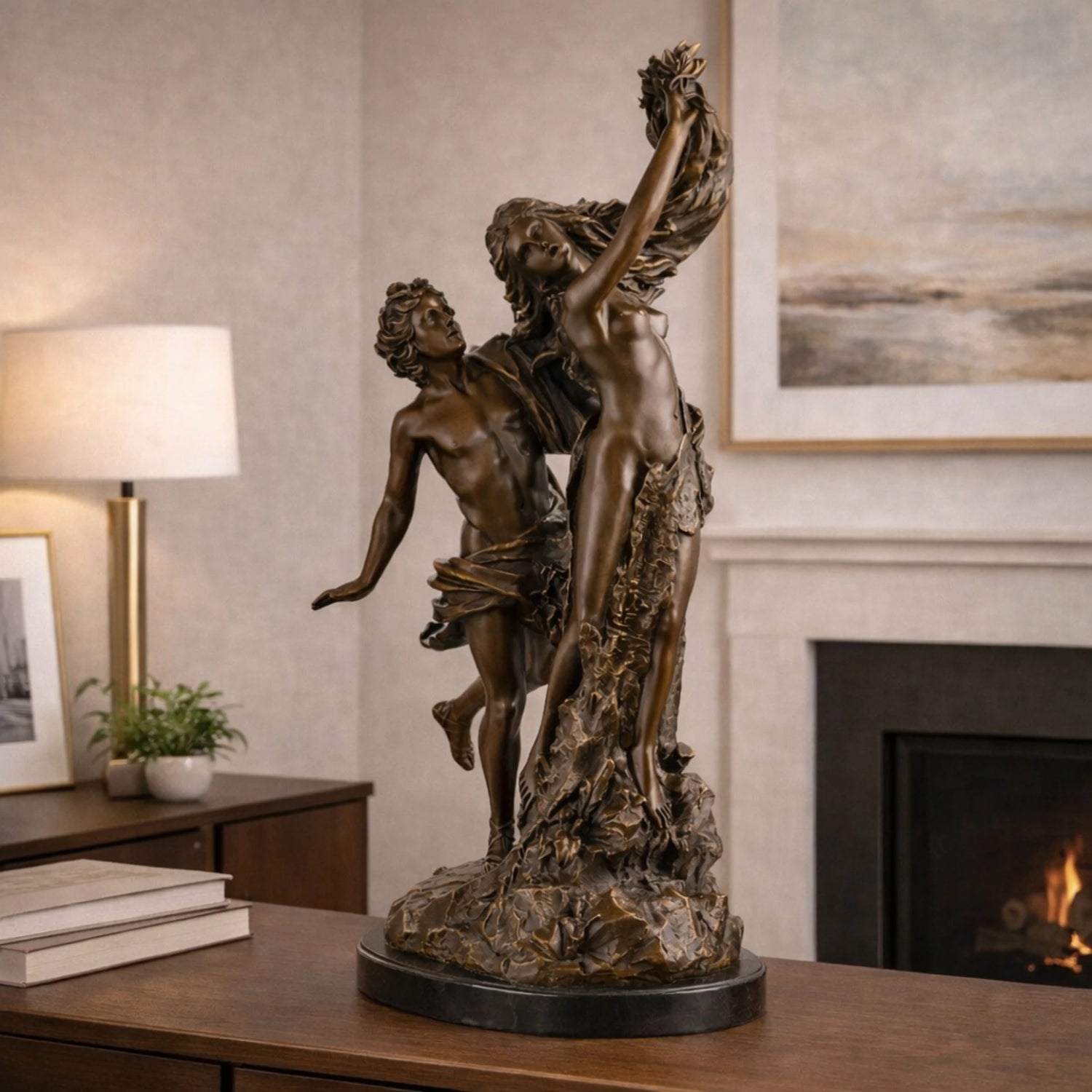 Dramatic bronze Cupid and Psyche sculpture in tender embrace, mythological love and soul statue on oval black marble base, loss wax casting romantic fine art.