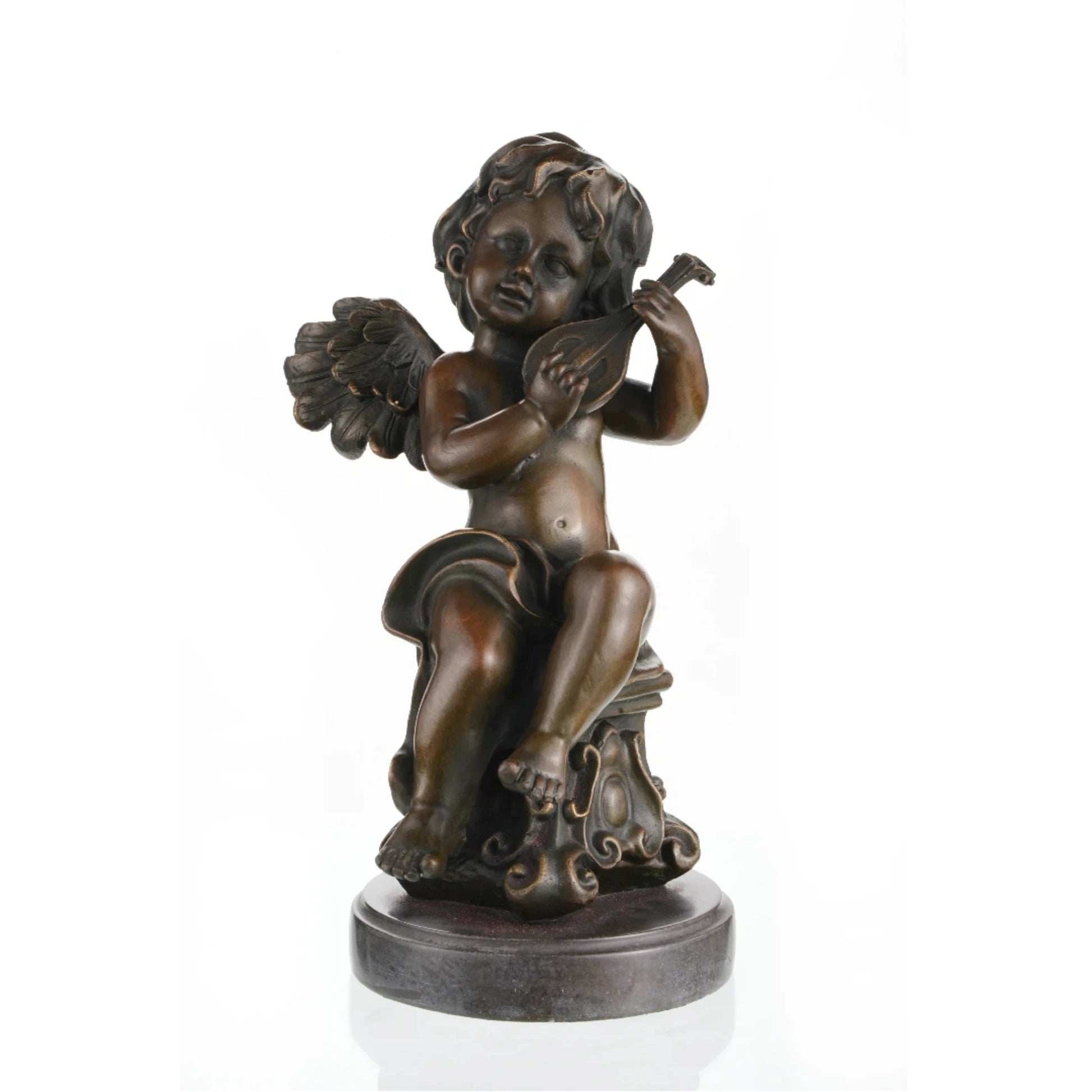 Charming bronze cherub sculpture playing mandolin, seated putto with lute on scroll-carved pedestal, loss wax casting musical art on dark marble base.