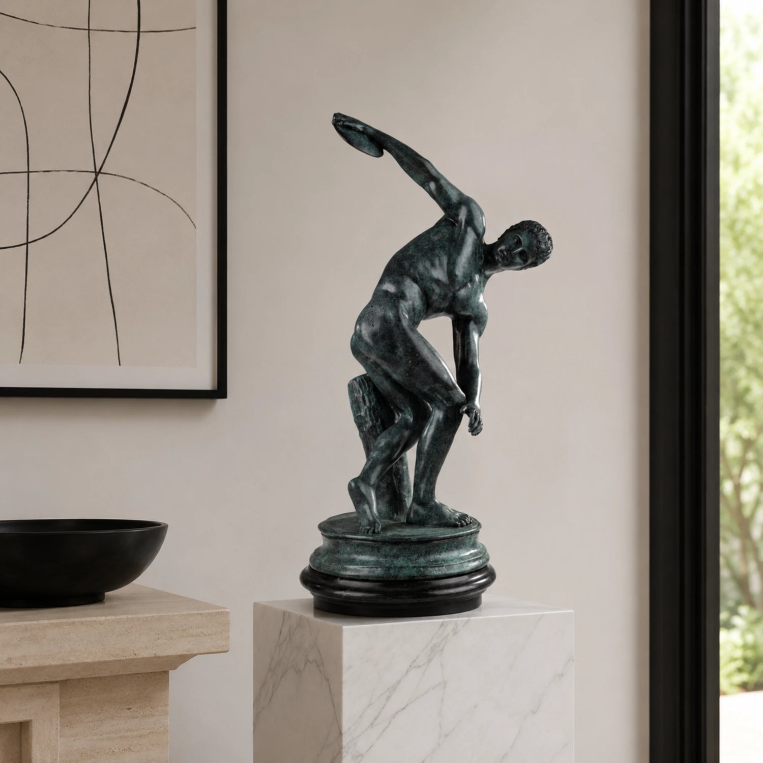 Classical Discobolus bronze statue of a discus thrower in a coiled pose, realistic ancient Greek athlete statue on tiered black marble base, loss wax casting fine art.