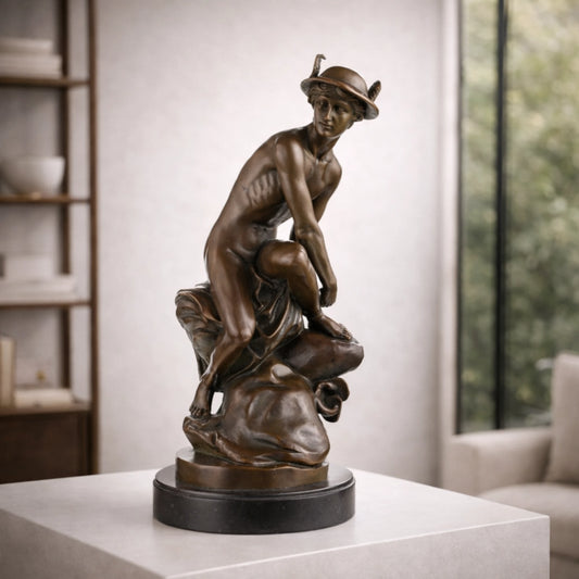 Classical bronze Hermes Mercury statue with winged hat, dynamic athletic god sculpture on round black marble base, loss wax casting mythological art.
