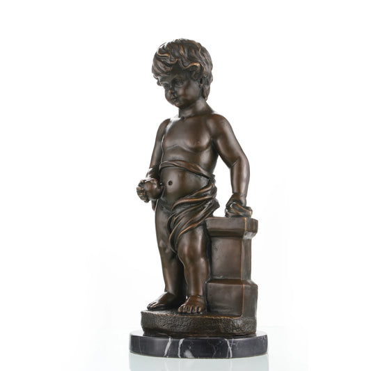 Classical bronze putto sculpture of a young boy holding fruit, curly-haired cherub sculpture on veined black marble base, loss wax casting figurative art for home library.