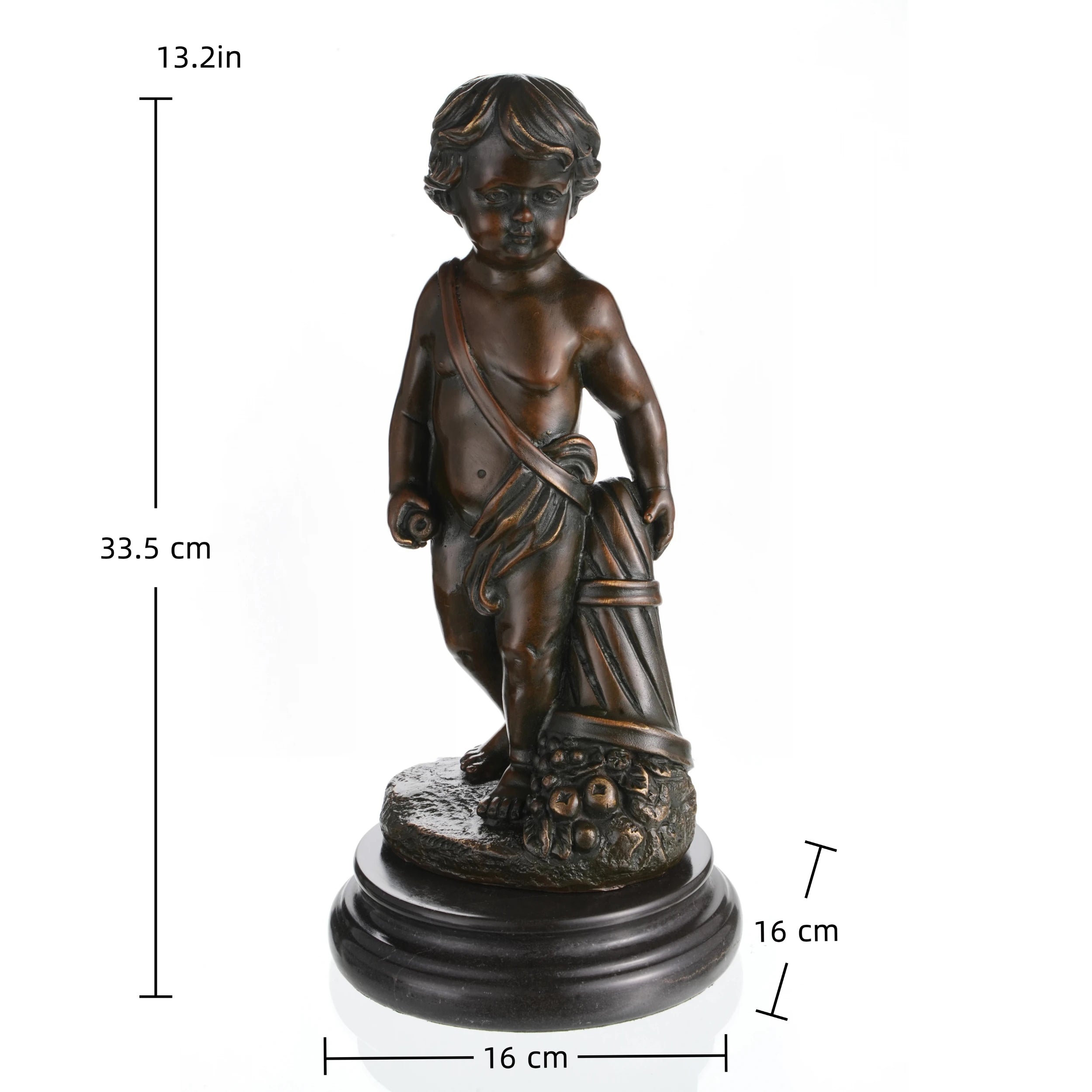 Classical bronze putto with cornucopia statue symbolizing abundance and prosperity. A handcrafted sculpture perfect for elegant interiors and meaningful gifts.