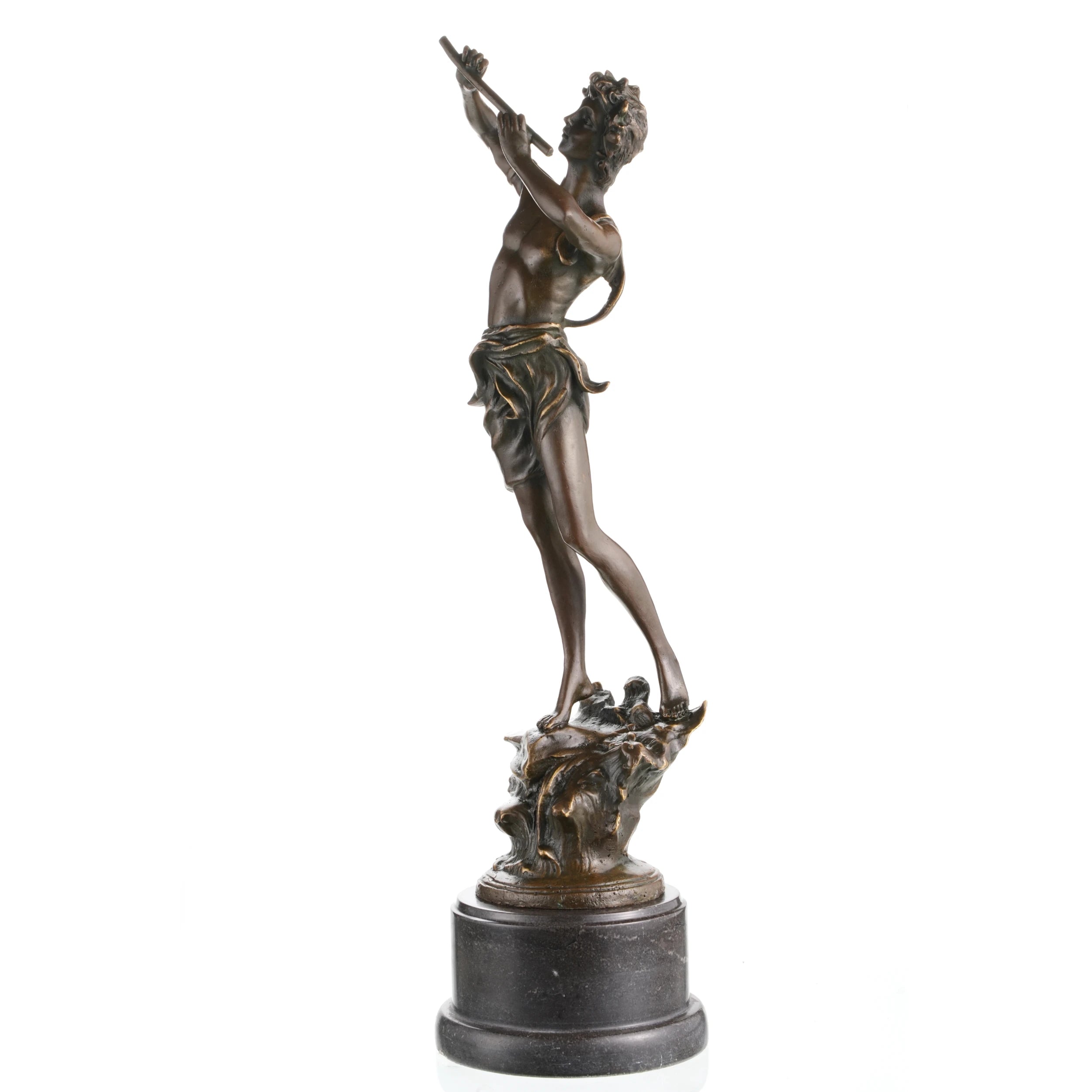 Classical bronze statue of Greek god Pan playing syrinx pan flute, athletic mythological figure on cylindrical black marble base, loss wax casting art for home library.