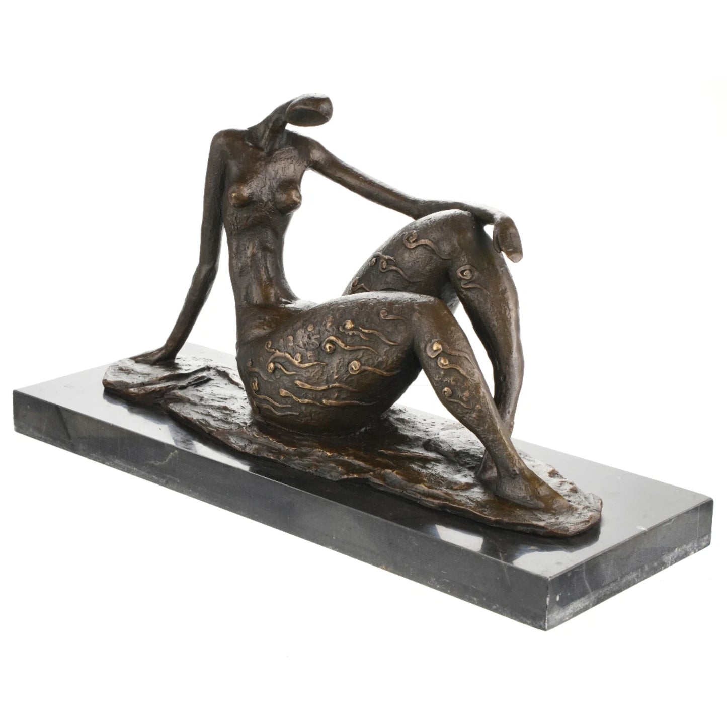 Contemporary abstract bronze sculpture of a seated female figure with flowing forms and golden wave motifs. A modern art piece symbolizing femininity and fluidity.