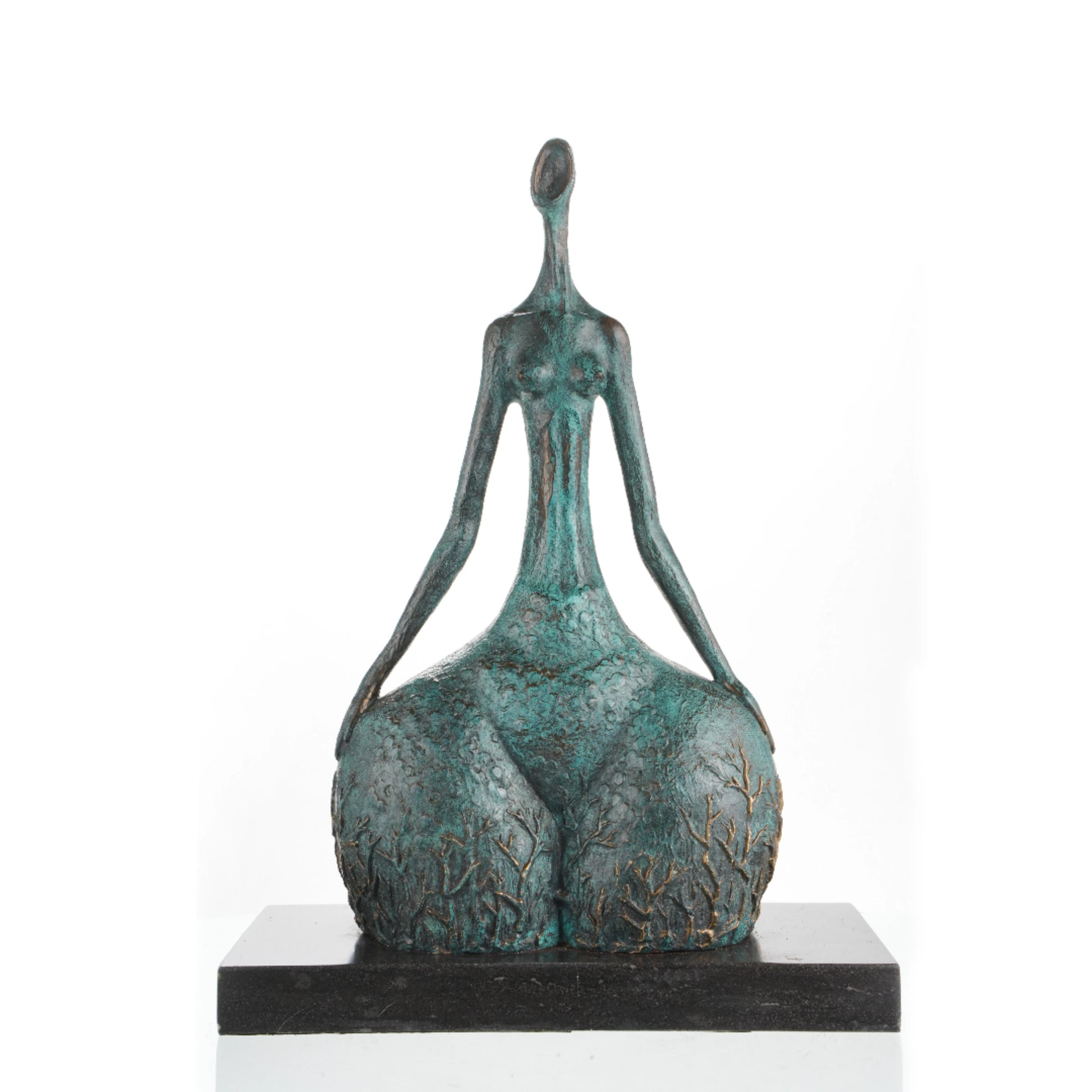 Contemporary abstract bronze female sculpture with green verdigris patina and golden branch motifs, faceless nature-inspired woman statue on black marble base, loss wax casting fine art.