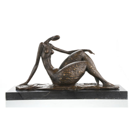 Contemporary abstract bronze seated female sculpture with golden swirls, faceless elongated woman statue on black marble base, loss wax casting modern art.