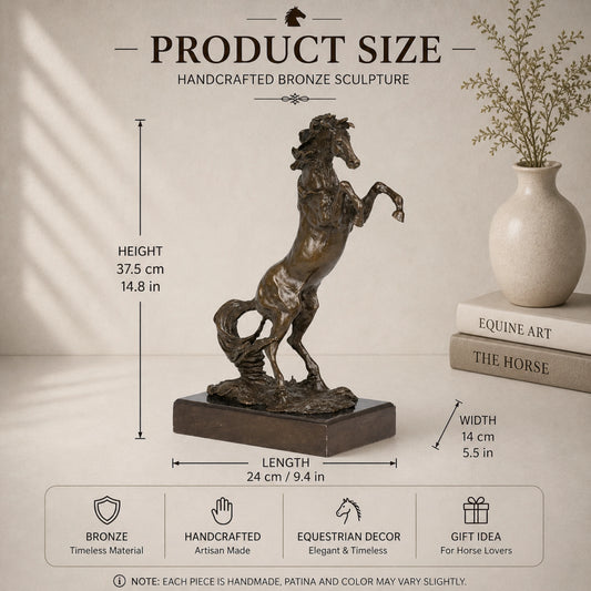Detailed rearing bronze horse sculpture with raised front legs and flowing mane, realistic stallion sculpture  on black marble base, loss wax casting fine art.