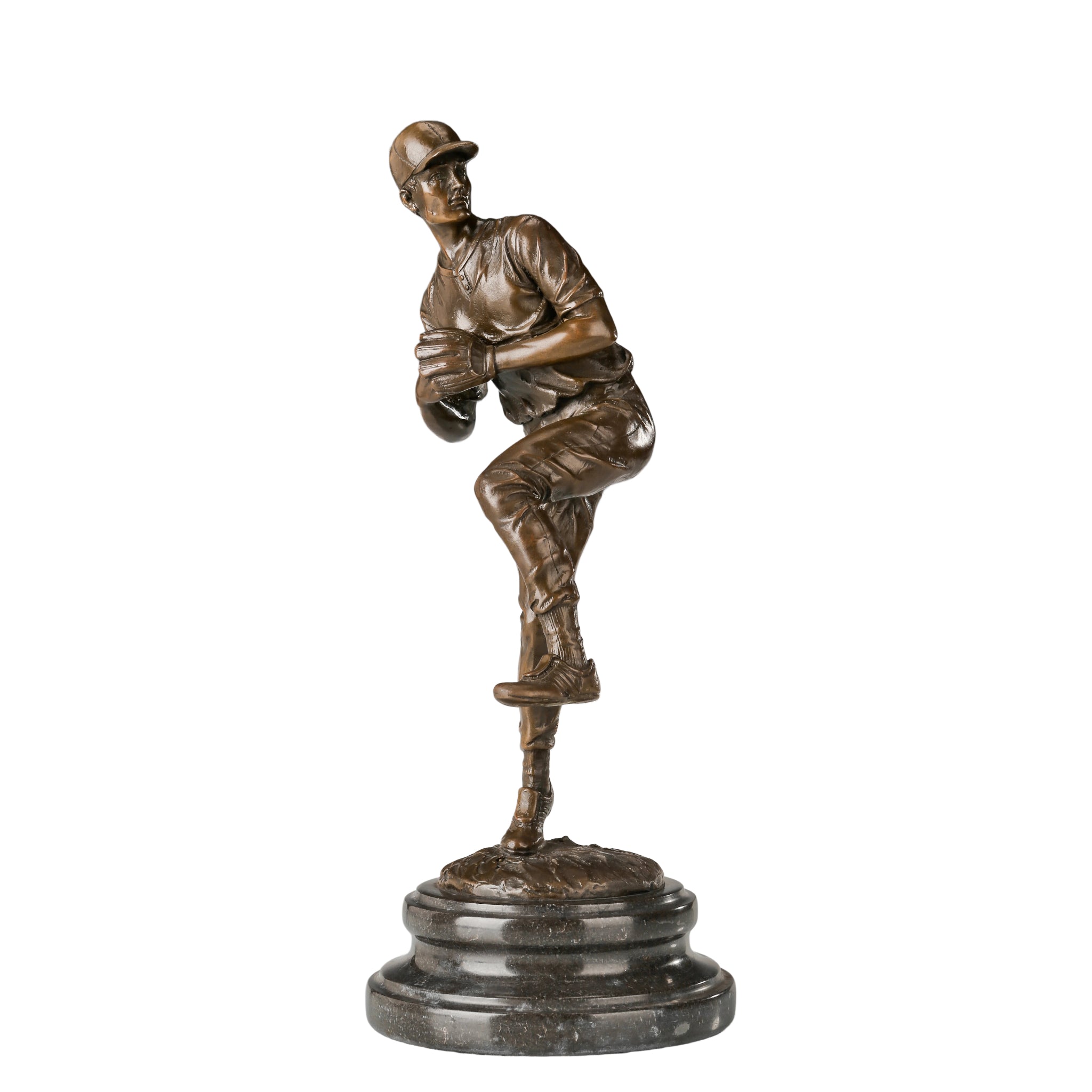 Dynamic baseball pitcher bronze sculpture, lost-wax cast and hand-finished on a black marble base for an office, trophy room, or sports collection.