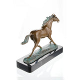 Dynamic galloping bronze horse sculpture with turquoise mane and tail, realistic running horse statue on black marble base, lost wax casting fine art.
