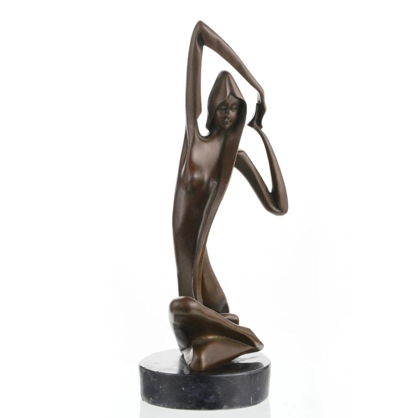 Art Deco bronze sculpture of a kneeling woman with raised arm and veil, stylized female figure on round black marble base, loss wax casting abstract art.