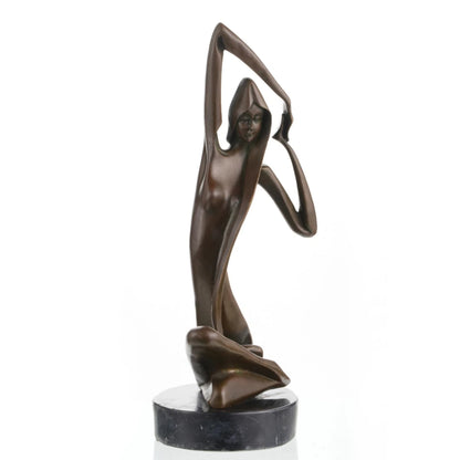 Art Deco bronze sculpture of a kneeling woman with raised arm and veil, stylized female figure on round black marble base, loss wax casting abstract art.