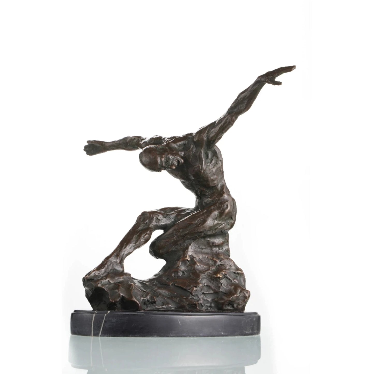 Expressionist bronze male figure sculpture in dynamic crouching pose, raw muscular human form statue on oval black marble base, lost wax casting fine art.