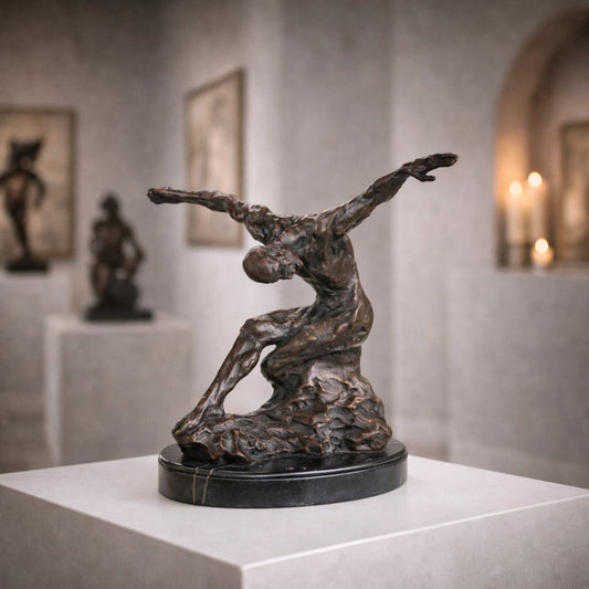 Expressionist bronze male figure statue in dynamic crouching pose, raw muscular human form statue on oval black marble base, lost wax casting fine art.