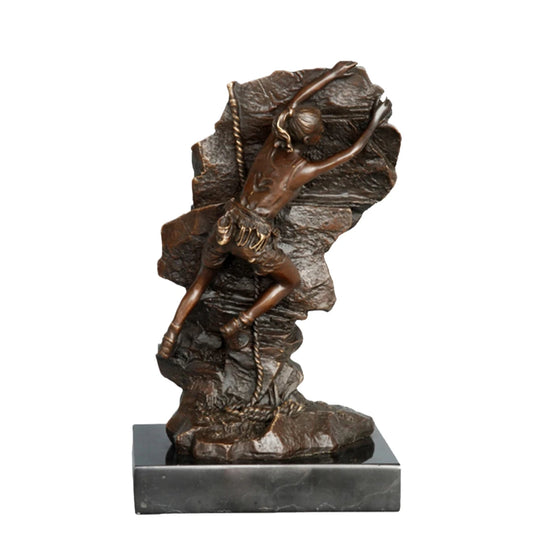 Alt:
Handcrafted female rock climber bronze sculpture ascending a rugged rock face.