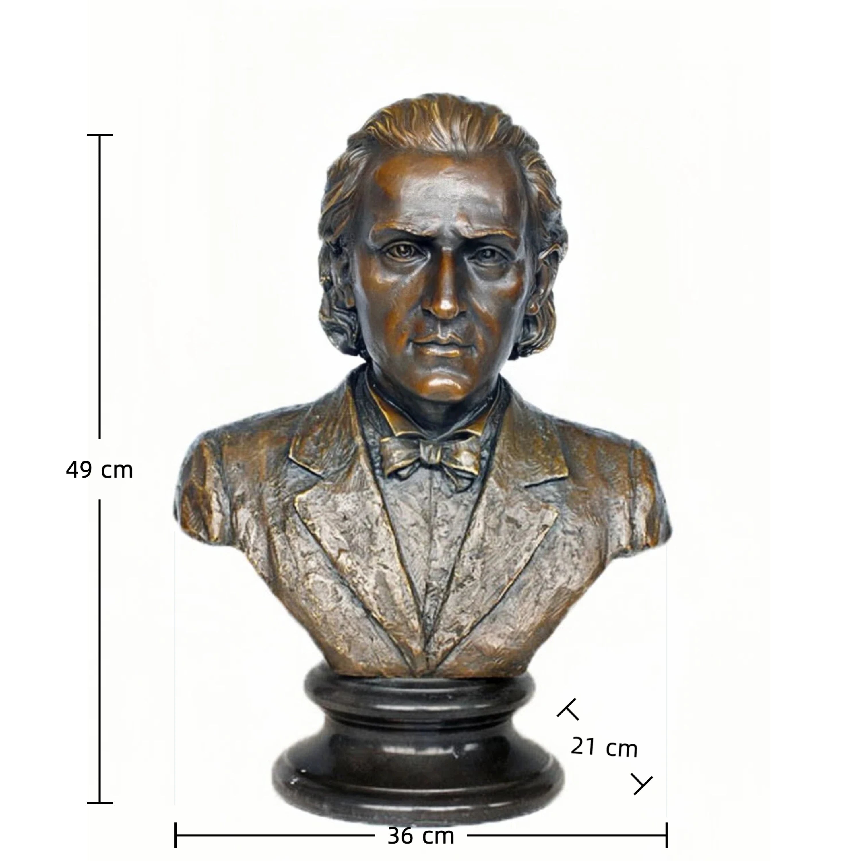 Elegant bronze bust of Frdddric Chopin, the iconic Romantic composer. Handcrafted sculpture with marble base—perfect for pianists, music lovers, and refined interiors.