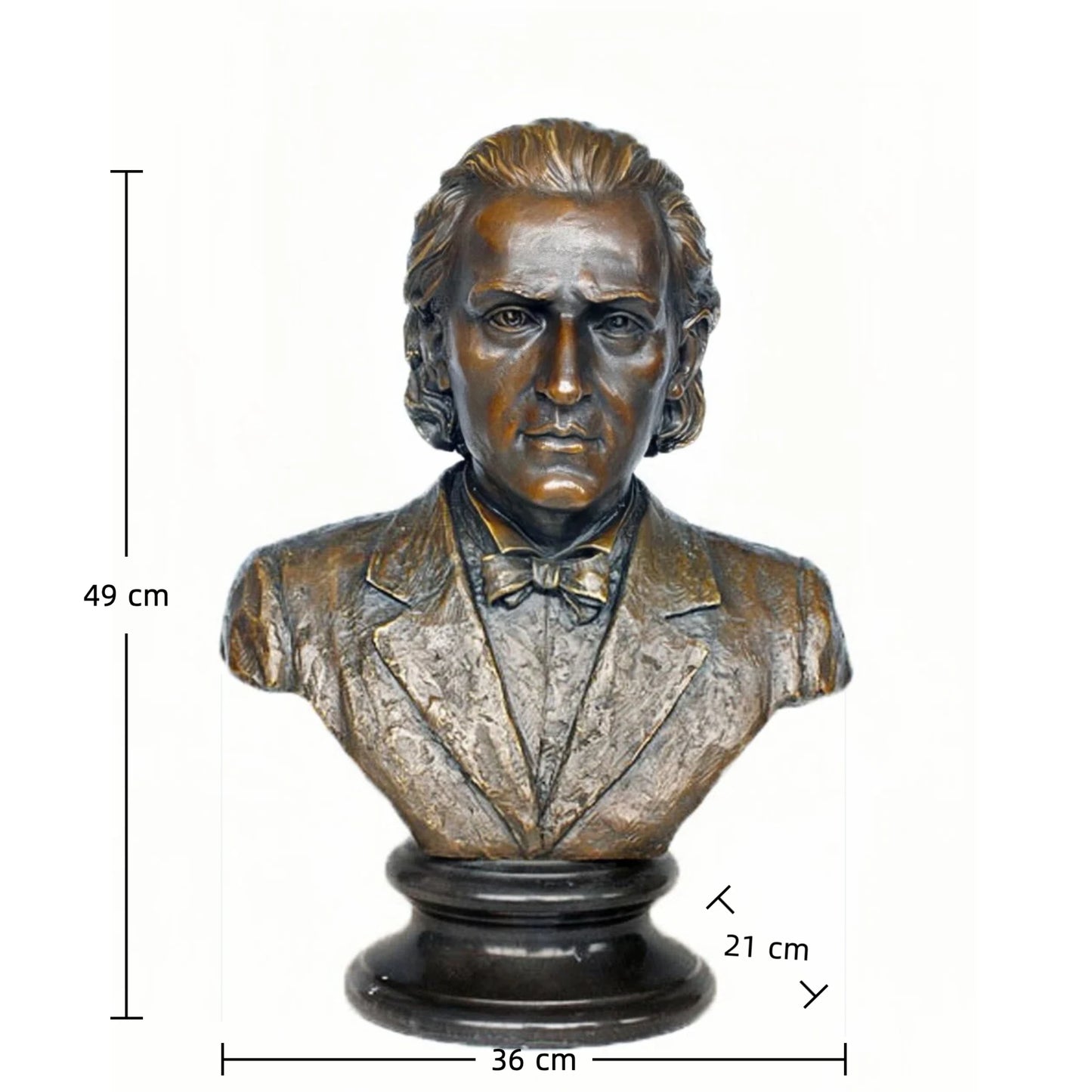 Elegant bronze bust of Frdddric Chopin, the iconic Romantic composer. Handcrafted sculpture with marble base—perfect for pianists, music lovers, and refined interiors.