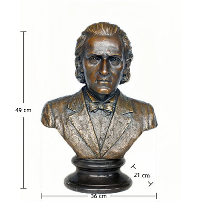 Elegant bronze bust of Frdddric Chopin, the iconic Romantic composer. Handcrafted sculpture with marble base—perfect for pianists, music lovers, and refined interiors.
