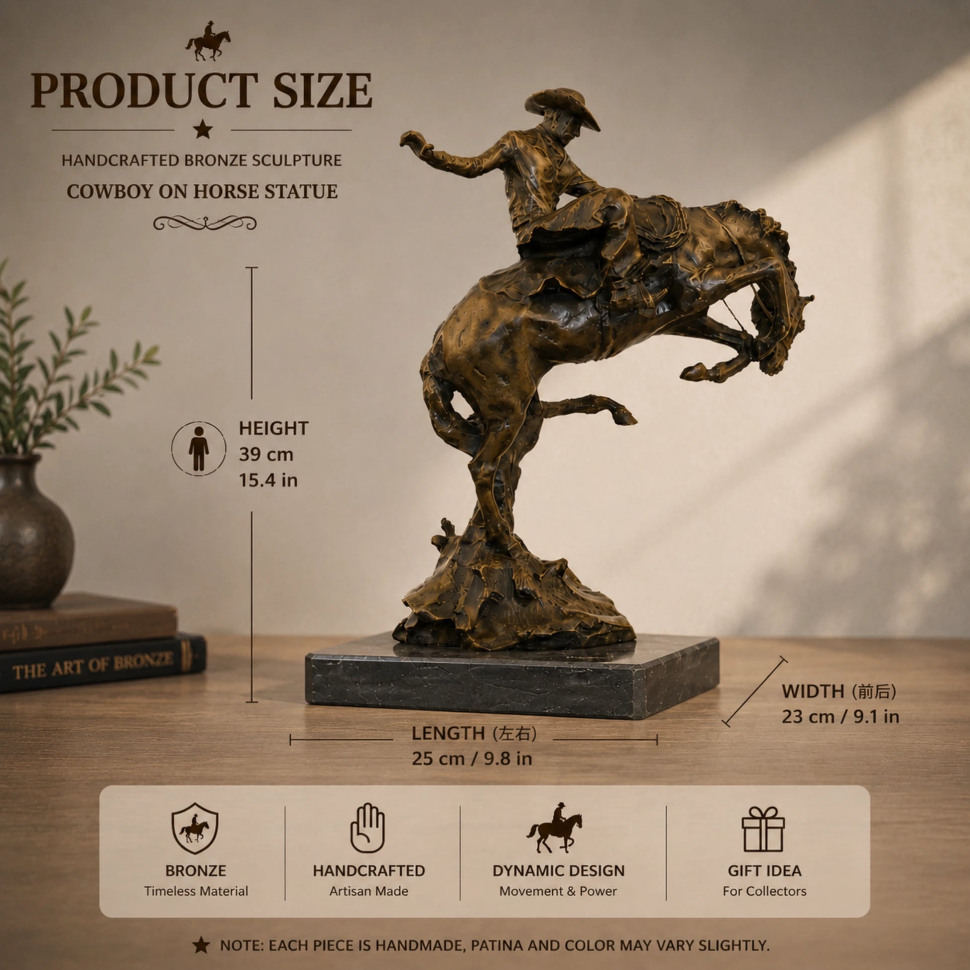 Broncho Buster bronze sculpture inspired by Frederic Remington’s 1895 Western masterpiece. A timeless symbol of cowboy spirit, adventure, and the American frontier.