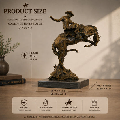 Broncho Buster bronze sculpture inspired by Frederic Remington’s 1895 Western masterpiece. A timeless symbol of cowboy spirit, adventure, and the American frontier.