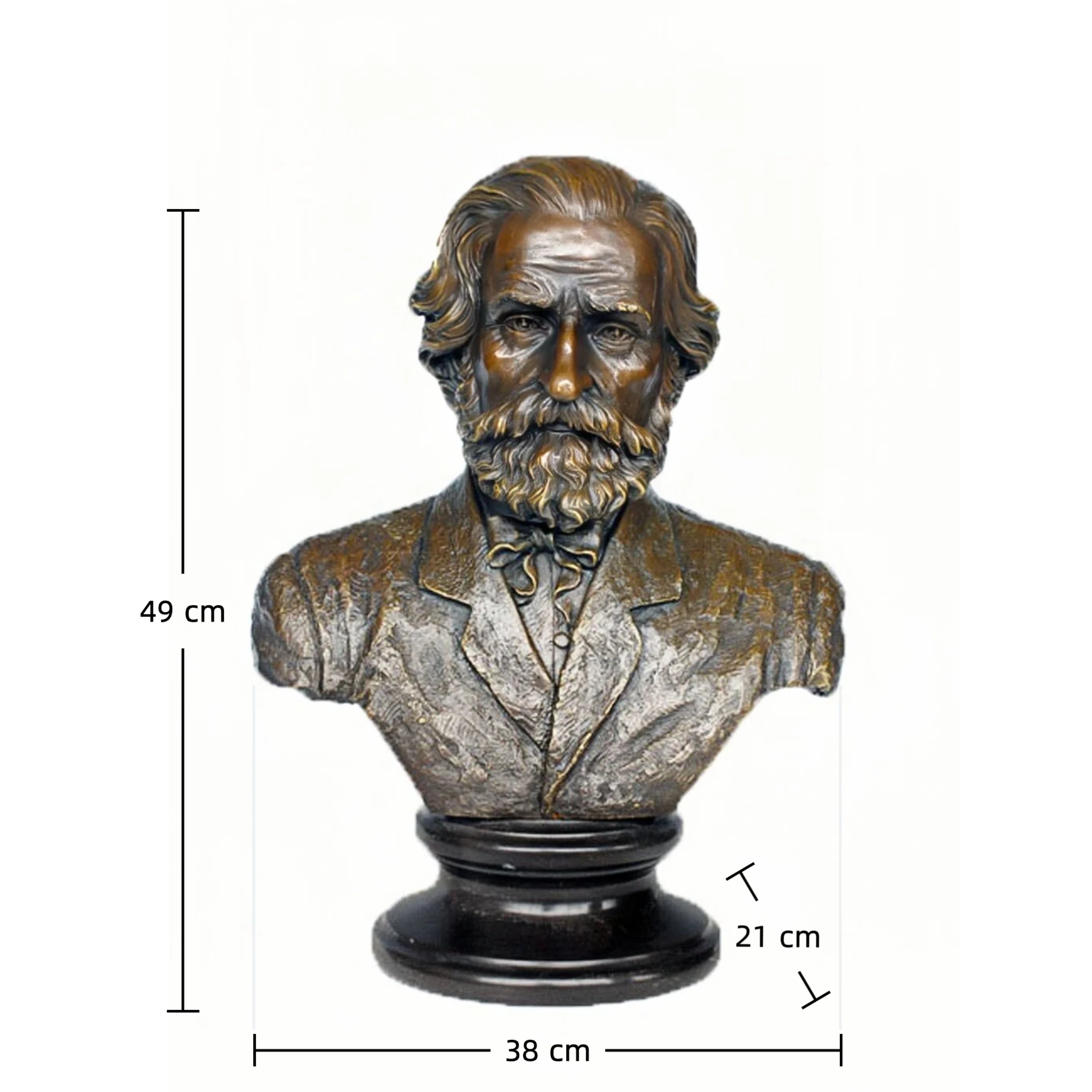 Realistic bronze bust of Giuseppe Verdi, the legendary Italian opera composer. Handcrafted using lost-wax casting with a marble base—perfect for music lovers, collectors, and classical decor.