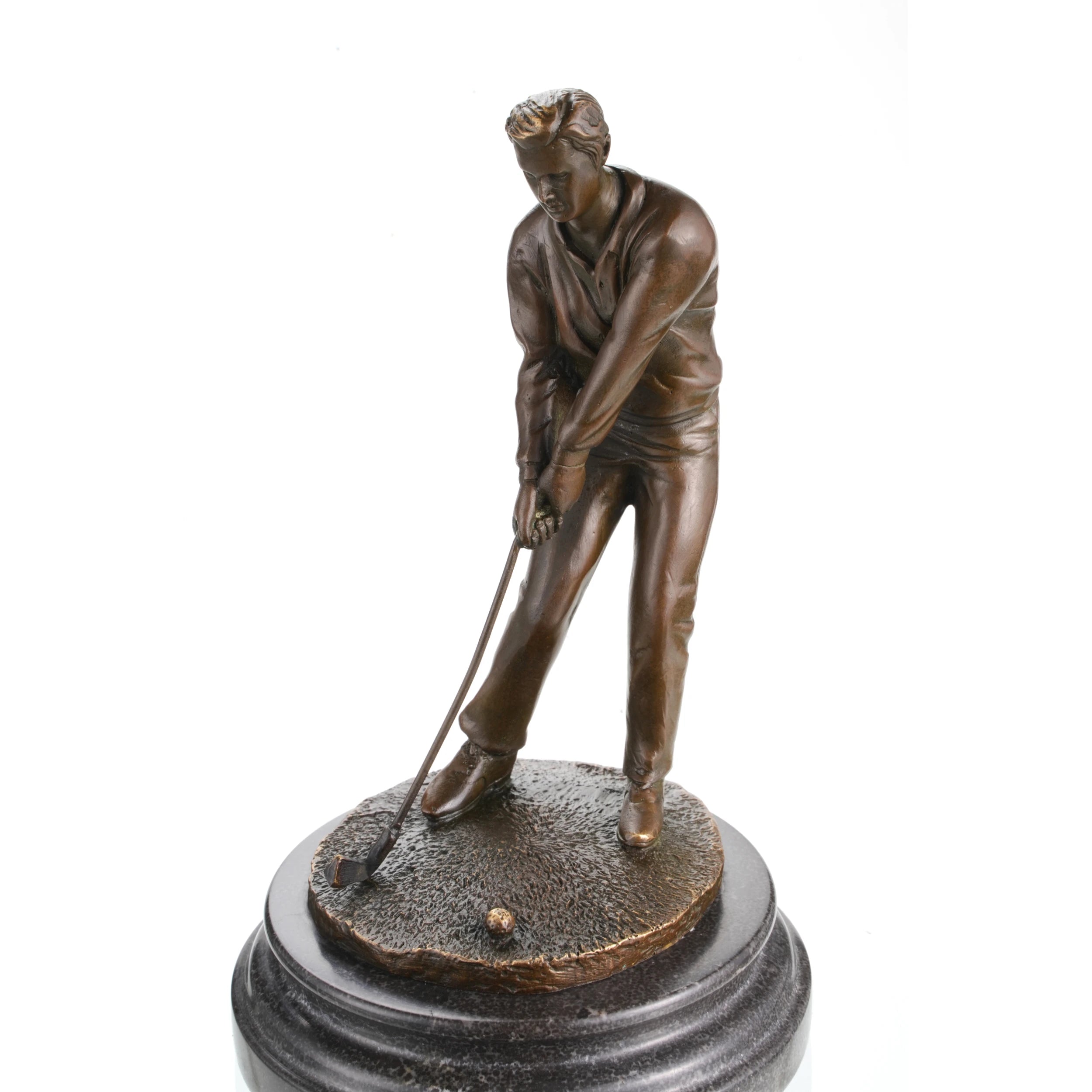 Hyper-realistic bronze golfer sculpture mid-putt, detailed man putting golf ball statue on stepped black marble base, loss wax casting sports art for office decor.