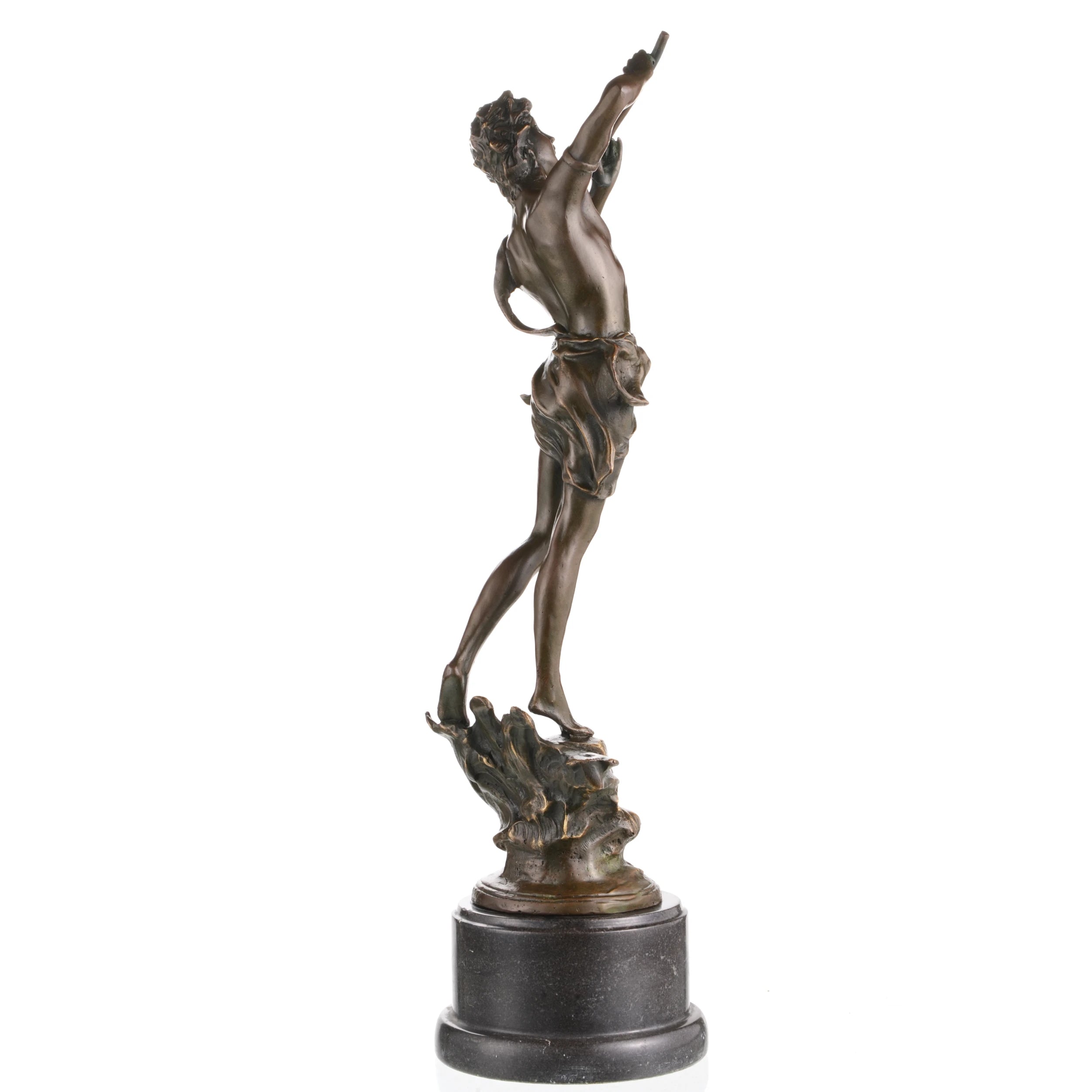Classical bronze sculpture of Greek god Pan playing syrinx pan flute, athletic mythological figure on cylindrical black marble base, loss wax casting art for home library.
