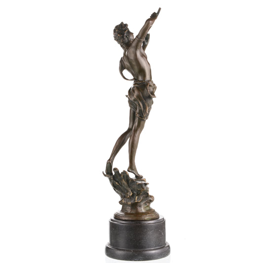 Classical bronze sculpture of Greek god Pan playing syrinx pan flute, athletic mythological figure on cylindrical black marble base, loss wax casting art for home library.