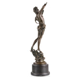 Classical bronze sculpture of Greek god Pan playing syrinx pan flute, athletic mythological figure on cylindrical black marble base, loss wax casting art for home library.