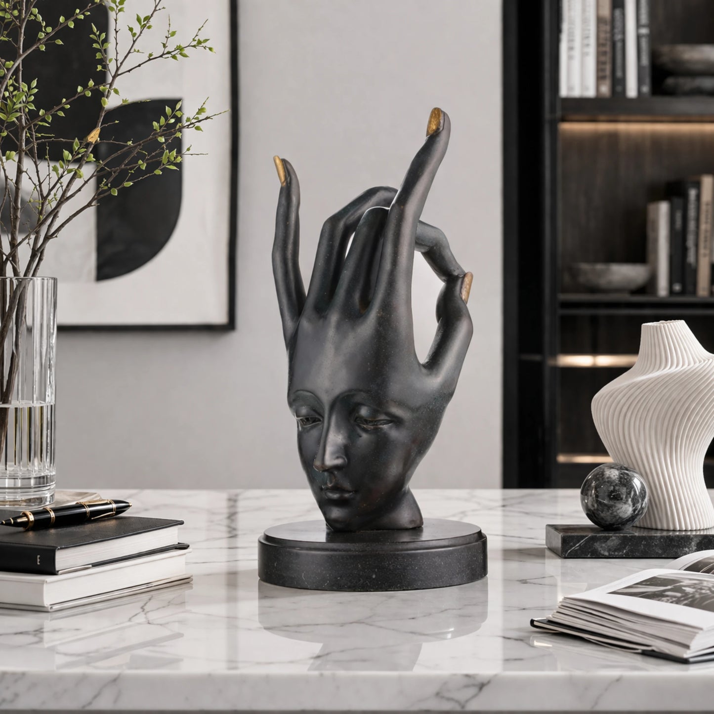 Abstract Bronze Statue-Surreal Hand and Face Modern Figurative Art Decor