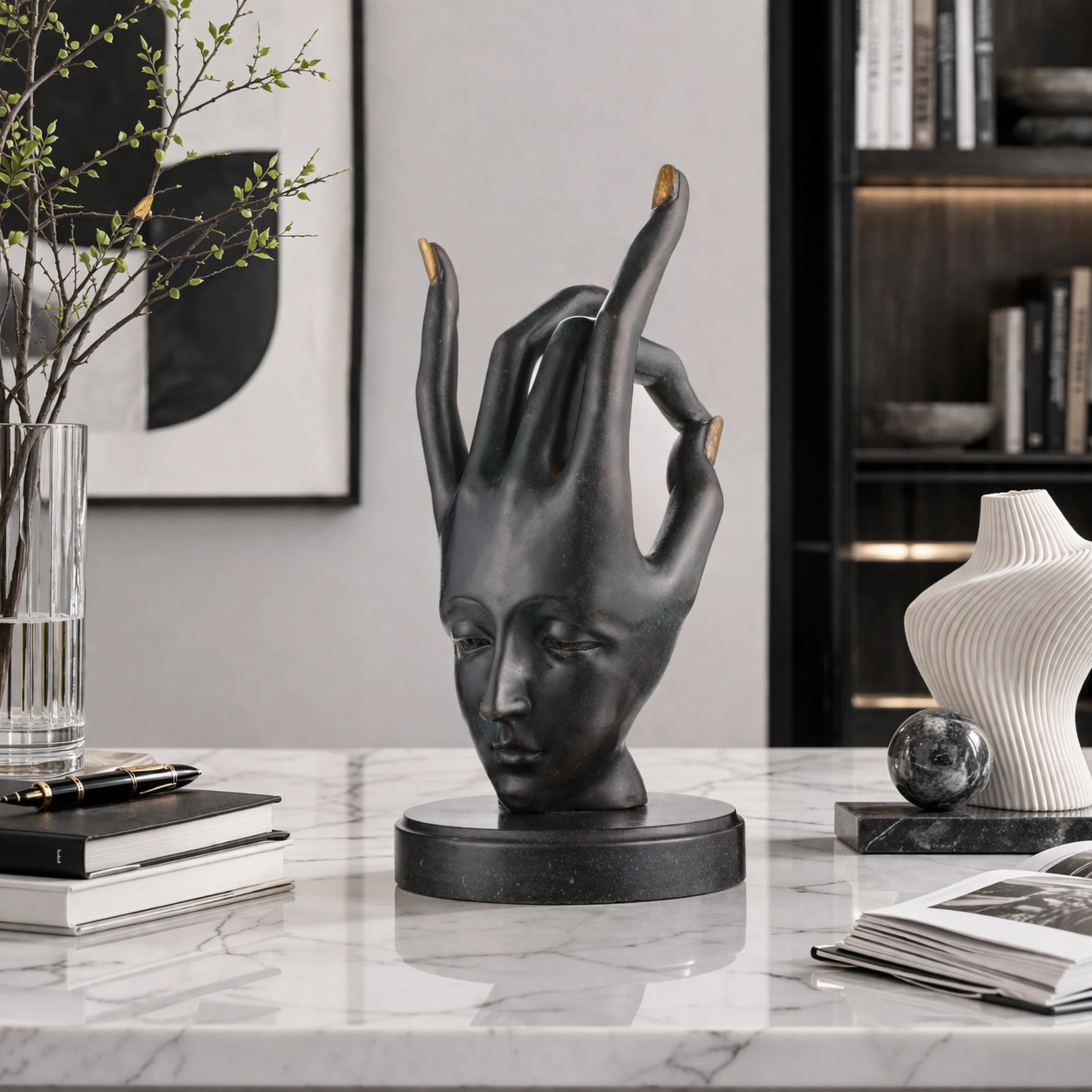 Abstract Bronze Statue-Surreal Hand and Face Modern Figurative Art Decor
