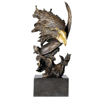 bronze bald eagle head sculpture with striking verdigris patina and marble base. A bold wildlife statue symbolizing freedom, strength, and vision.