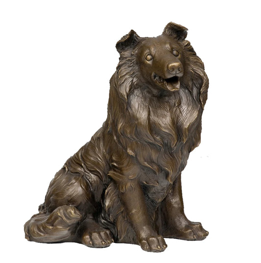 This lifelike bronze collie sculpture is crafted using the traditional lost-wax casting method, capturing the dog in a seated pose with a friendly, alert expression. The warm bronze patina highlights the flowing texture of its long coat and the refined details of its face. With an integrated bronze base for stability, the sculpture combines realism and elegance, making it a charming accent for home decor or a meaningful gift for dog lovers.