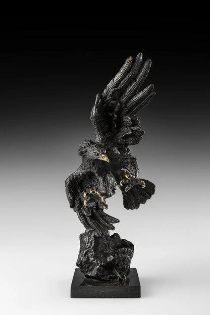 Dynamic bald eagle bronze sculpture in a powerful diving pose with marble base. A striking wildlife statue symbolizing strength, freedom, and leadership.