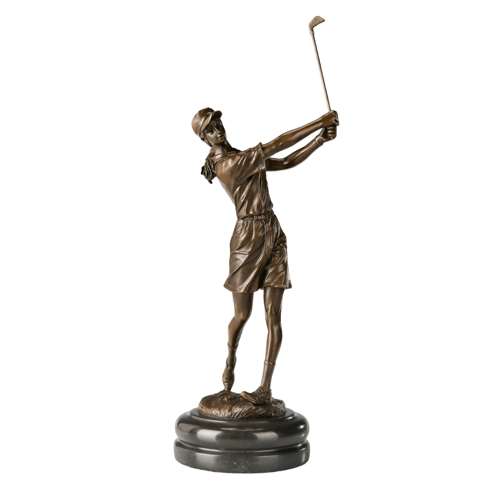 Handcrafted bronze female golfer sculpture captured in an elegant follow-through swing. Lost-wax cast golf statue for clubs, offices, golfers, gifts, and art collections.