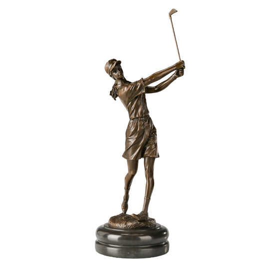 Handcrafted bronze female golfer sculpture captured in an elegant follow-through swing. Lost-wax cast golf statue for clubs, offices, golfers, gifts, and art collections.