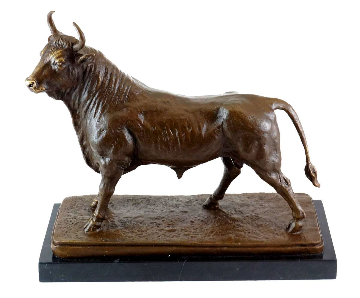 Handcrafted bronze standing bull sculpture featuring a rich patina finish and black marble base. A timeless symbol of prosperity, strength, and success for executive offices and luxury interiors.