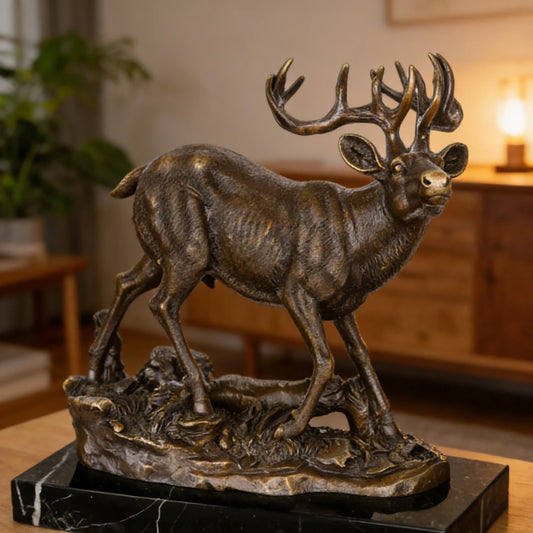 Handcrafted mule deer bronze statue