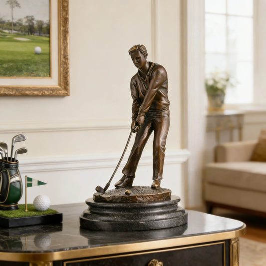 Hyper-realistic bronze golfer statue mid-putt, detailed man putting golf ball statue on stepped black marble base, loss wax casting sports art for office decor.