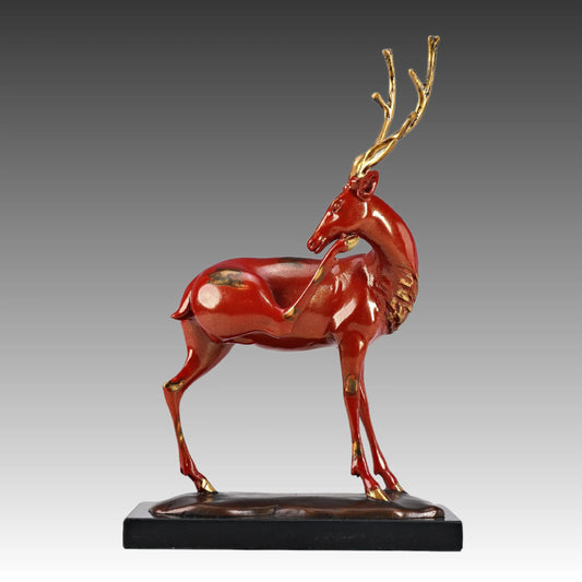 Red Bronze Reindeer Sculpture – Christmas Deer Statue with Golden Antlers for Holiday Decor