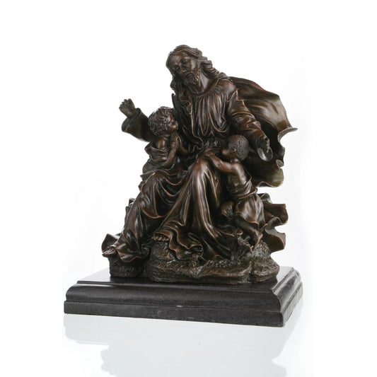 Beautiful bronze sculpture of Jesus with children, symbolizing love, compassion, and faith. A meaningful piece for Christian homes, gifts, and spiritual décor.