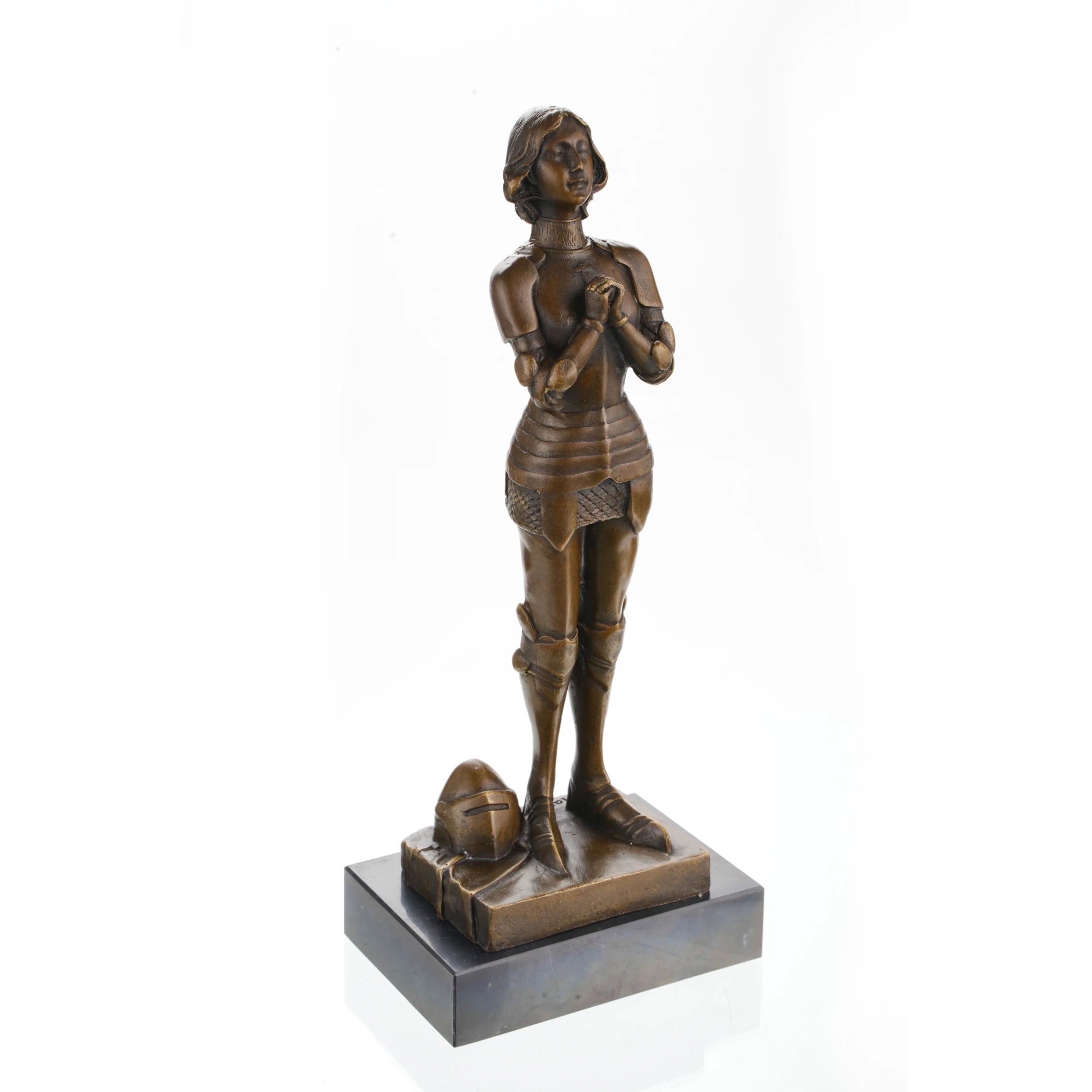 Joan of Arc bronze sculpture in prayer pose with armor on marble base