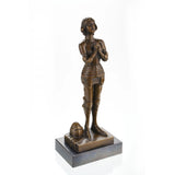 Joan of Arc bronze sculpture in prayer pose with armor on marble base