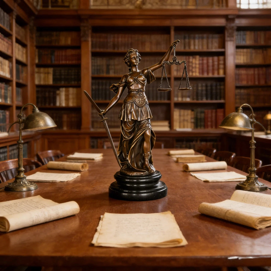 Lady Justice bronze statue displayed in a professional law library