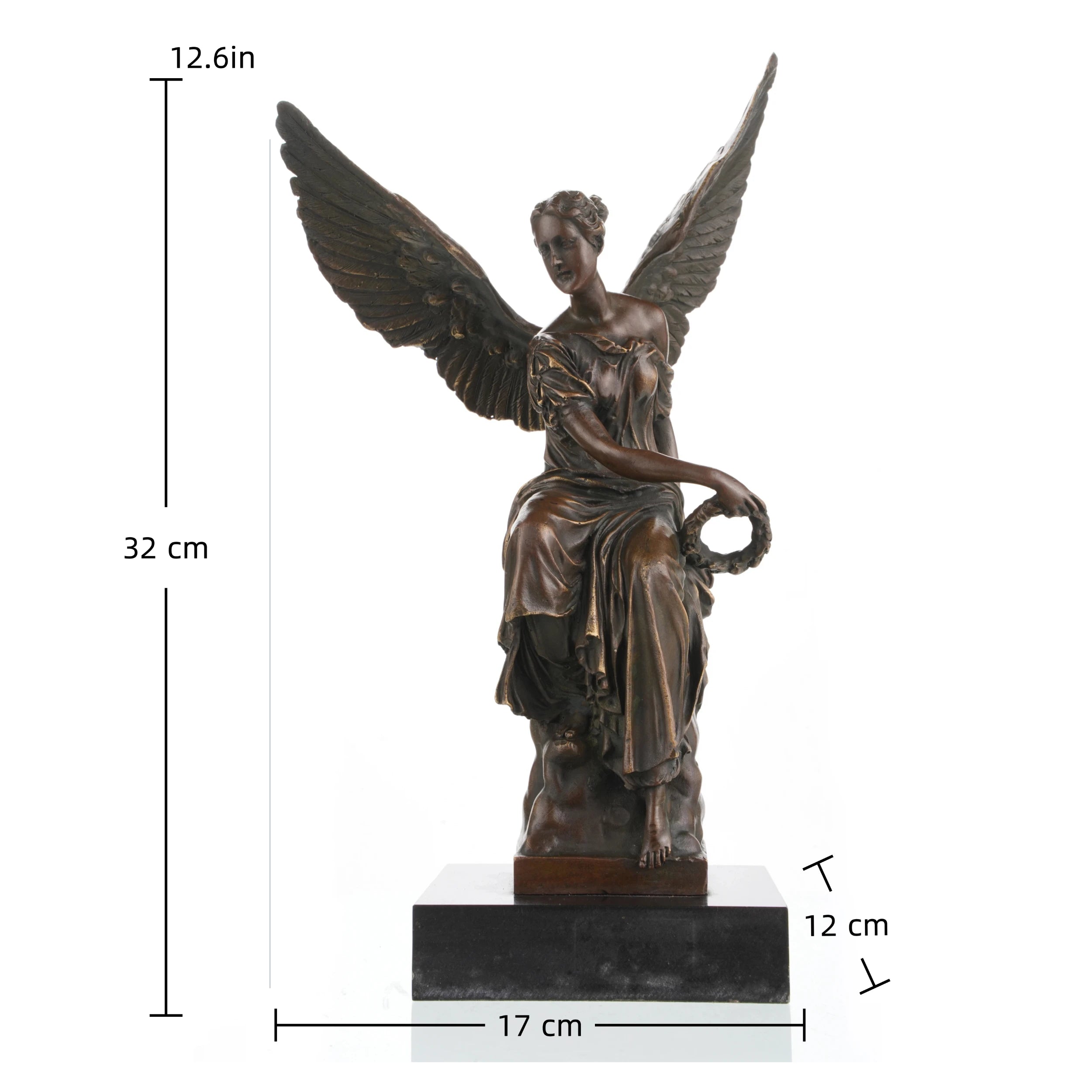 Bronze winged goddess statue holding laurel wreath on marble base